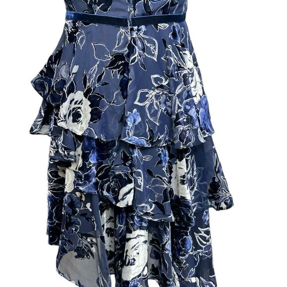 Marchesa Navy Blue Floral Velvet Textured Tiered Cocktail Midi Dress | Size 4 - Picture 6 of 13